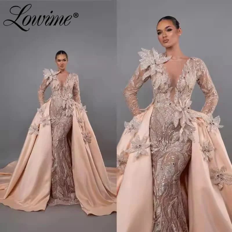 Gorgeous Pink Prom Dress With Detachable Train Customized Floral Crystal Evening Dresses Robes De Soirée Engagement Party Gowns