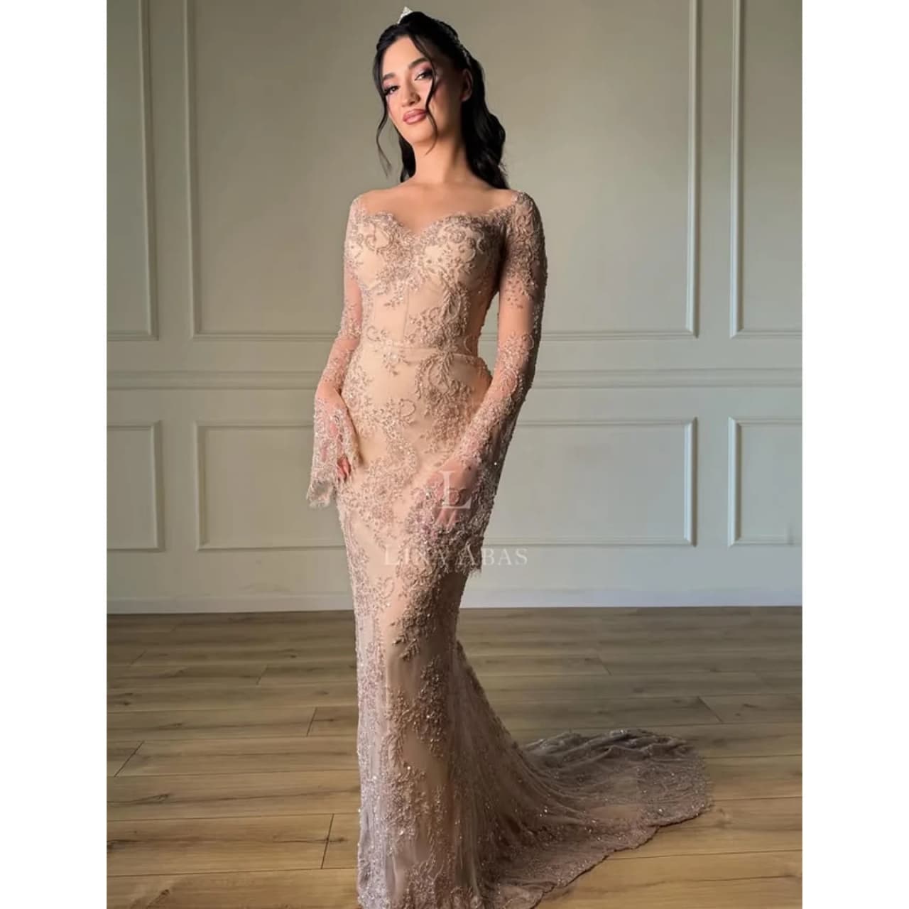 Off Shoulder Lace Evening Dresses Long Sleeve Vintage Sequins Beaded Prom Dresses Dubai Birthday Saudi Arabia Pleat Customized