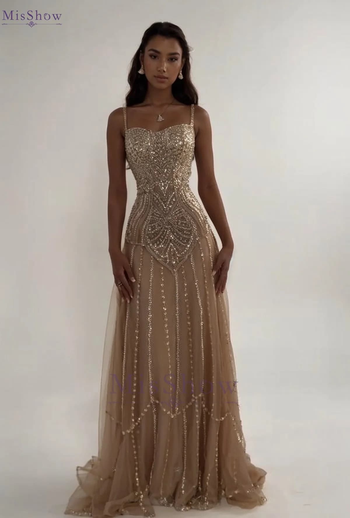 MisShow Beaded Sling Evening Dresses Sequins Beading Straps Square Collar Sleeveless A-Line Prom Dress Exquisite Long Vestidos