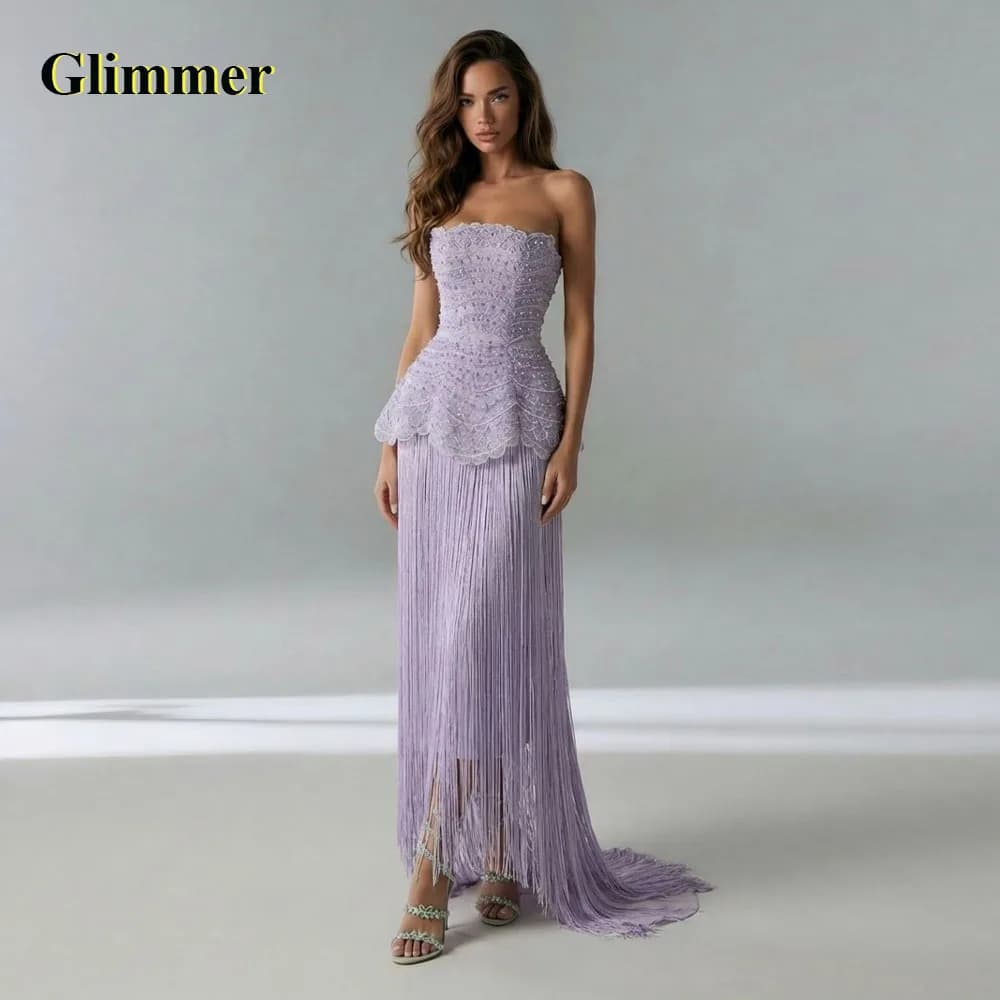 Glimmer Chic Sleeveless Evening Dress with Appliques Beads Tassel Column Special Occasion Dress Vestidos De Gala Customized