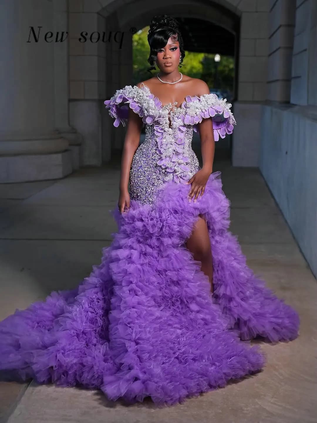 2026 Purple Ruffles Prom Dresses with Side Split African Off Shoulder Luxury Crystals Beaded Wedding Evening Gowns Customized