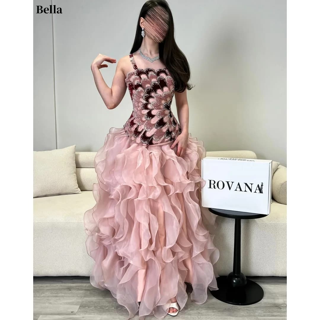 Bella Customized Pink Chiffon Prom Dresses Elegant One Shoulder Beaded vestidos de noche Luxury Ruffled Tiered Formal Evening