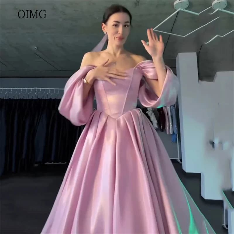 OIMG Graceful Pink A Line Prom Gowns Satin Off The Shoulder Party Gown Floor Length Evening Dress vestidos de gala Customized