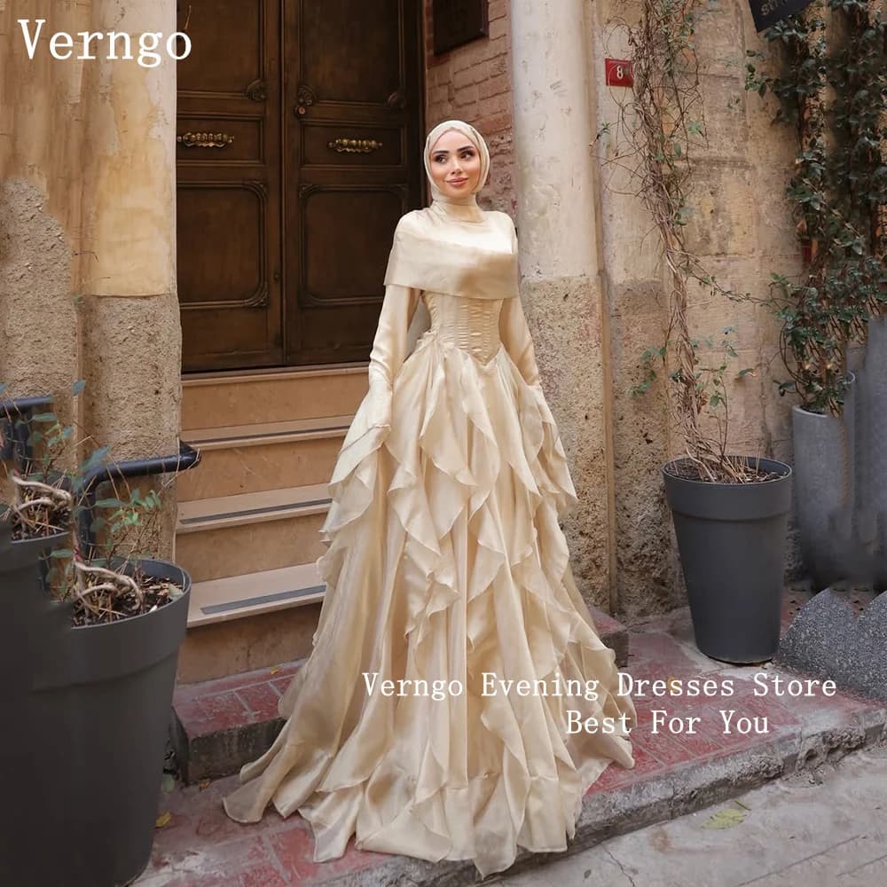 Verngo Beige A Line Full Sleeves Evening Dress High Neck Pleated Formal Occasion Dresses Elegant Mulism Prom Gowns Customized