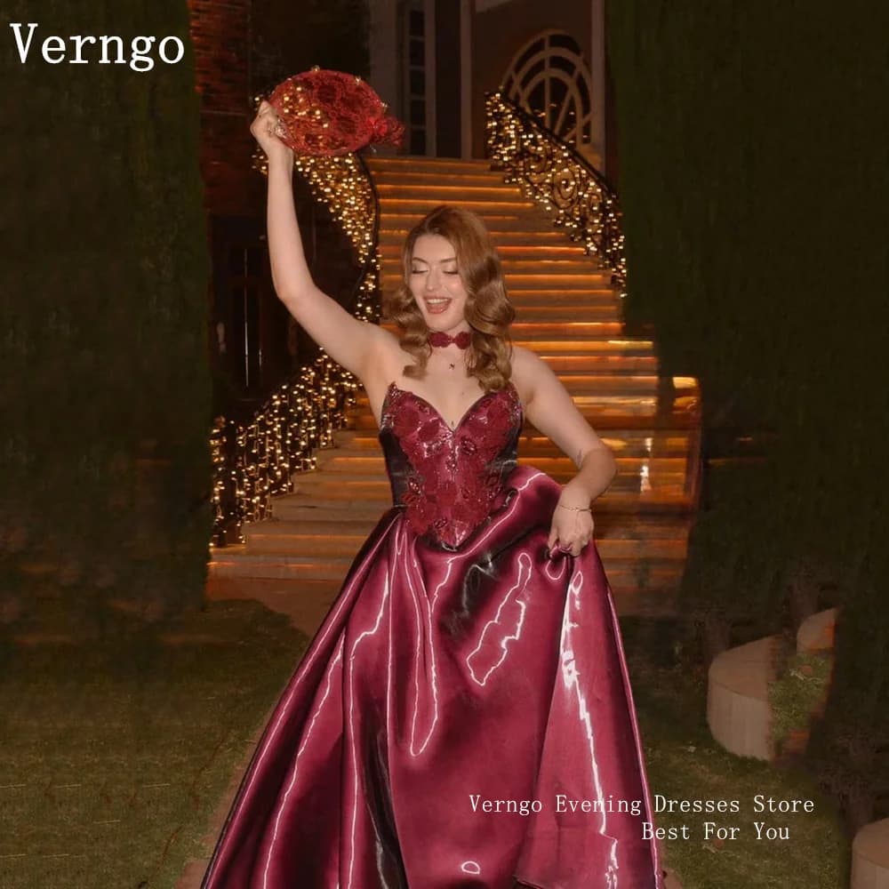 Verngo Luxury Flowers Burgundy Shiny Evening Dress Satin Sweetheart A Line Prom Gowns Graceful Party Dresses Customied