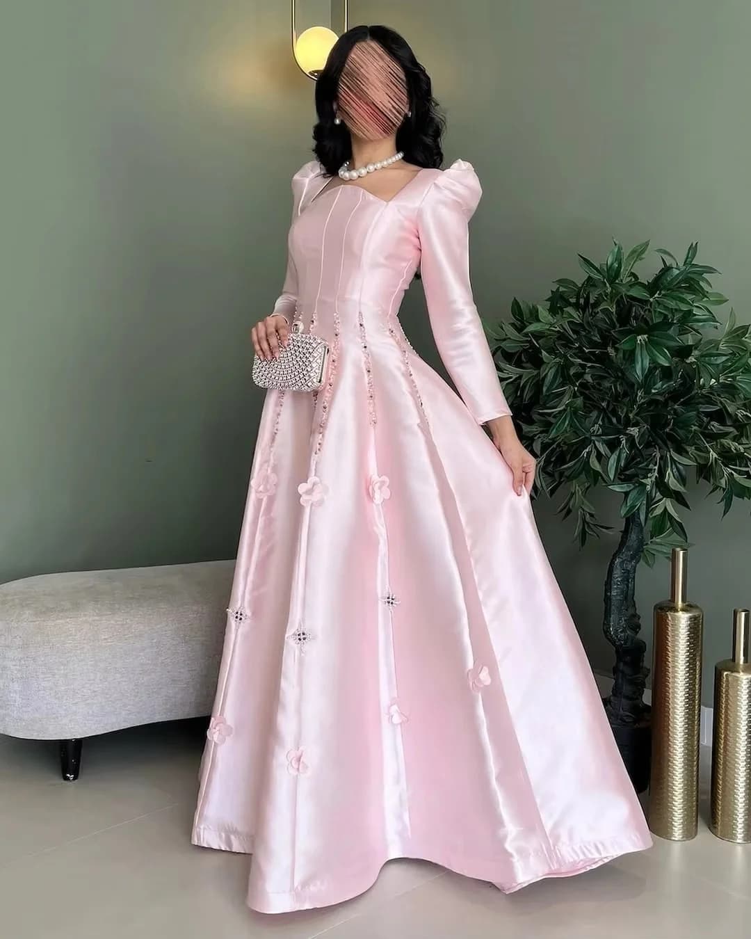 Pink Floral Long Sleeves Bespoke Occasion Gown Evening Dresses Pastrol Unisex Jersey Retro Dubai Saudi Arabic Prom Customized