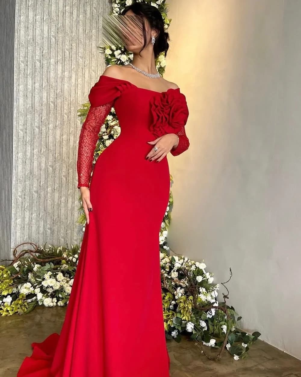 Customized Fashion Women Jersey Handmade Flower Ruched Mermaid Evening Dresses Classic Off-the-shoulder Floor Lenght Party Gowns