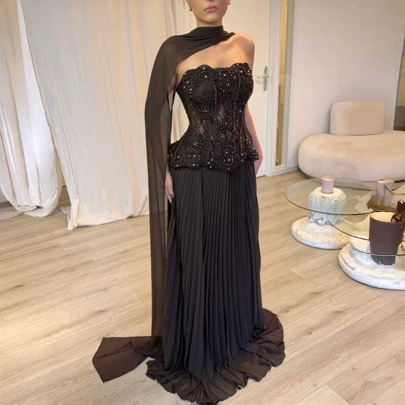 Elegant Vintage Black Lace Chiffon Ribbon Pleated Sleeveless New Customized Formal Occasion Prom Dress Evening Party Gowns