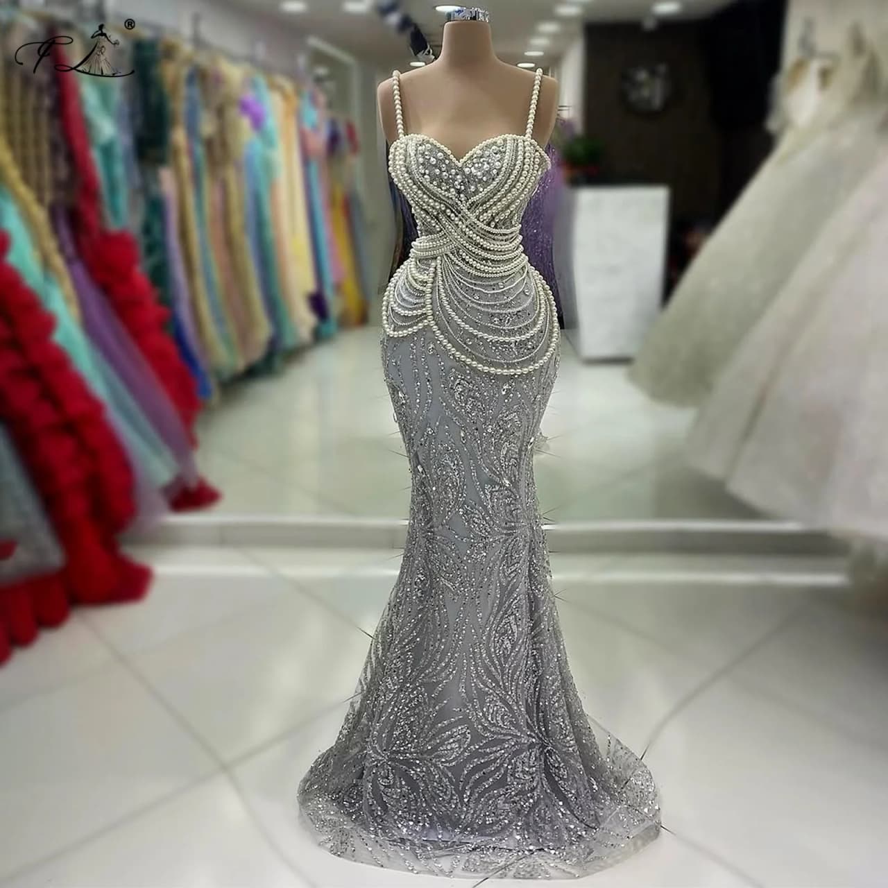 Pearl Halter Evening Dress Grey Mermaid Dress Rhinestone Tassel Embellished Party Dress Prom Dress Holiday Dresses Customizable