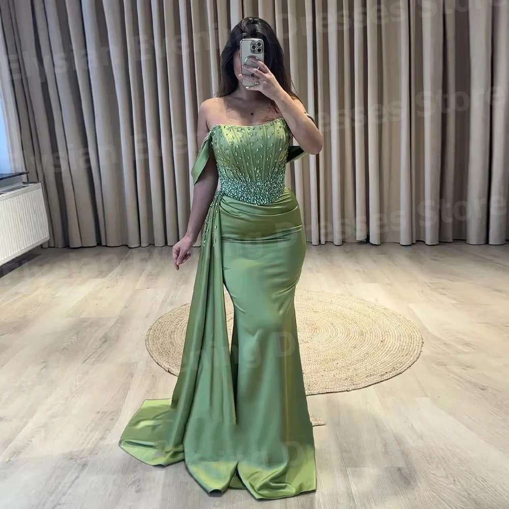 Charming Women's Mermaid Off Shoulder Evening Dresses Customized Robe De Soirée Prom Gowns Sleeveless Beaded Vestidos Para Mujer
