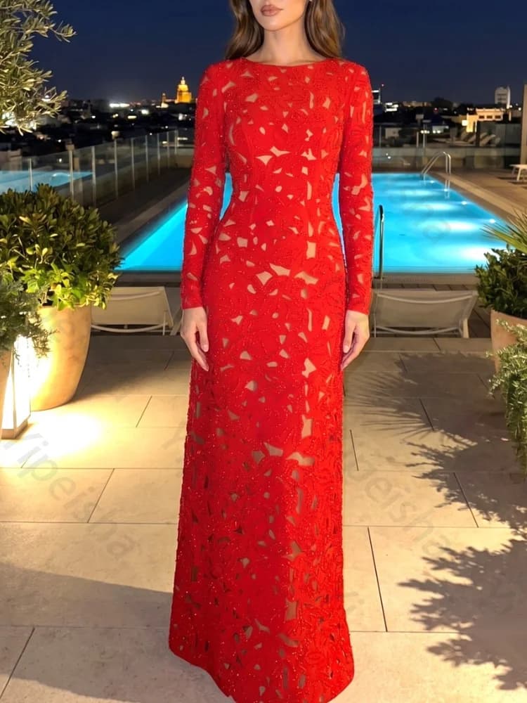 Customized Red O-Neck Long Sleeves Hollow Out Evening Dresses Elegant Celebrity Dress Exquisite High Quality Prom Party Gowns