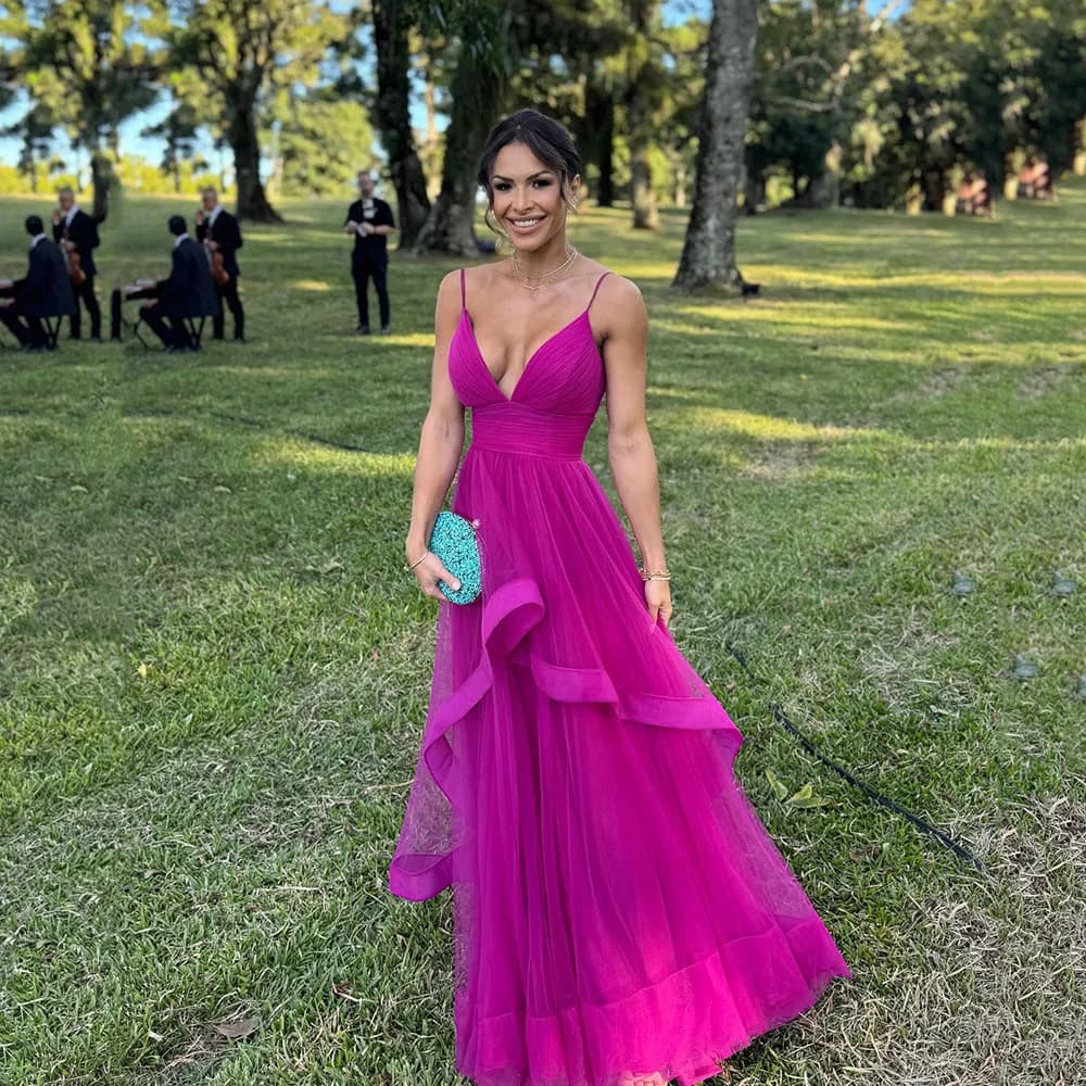 Galarity Fuchsia Prom Dresses Deep V Neck Spaghetti Strap Wedding Guest Dress Tulle Ruched A Line Elegant Party Dress Customized