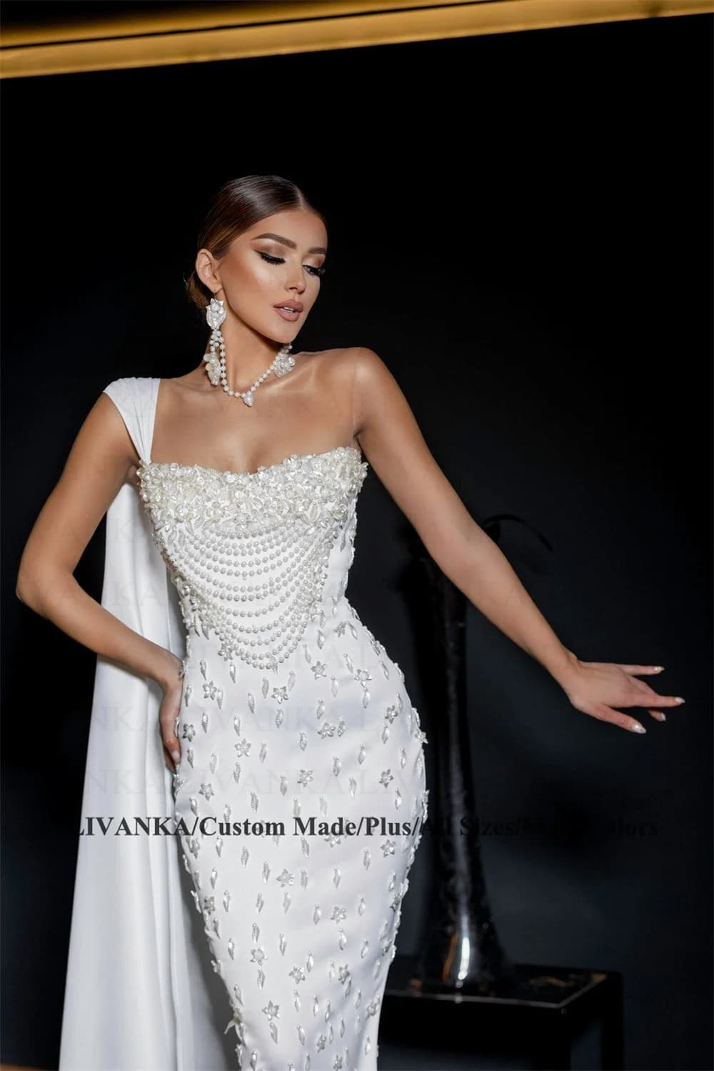 LIVANKA Classic Mermaid Evening Dress for Woman One Shoulder Crystals Corset Pearls Saudi Arabric Vestidos De Fiesta Customized