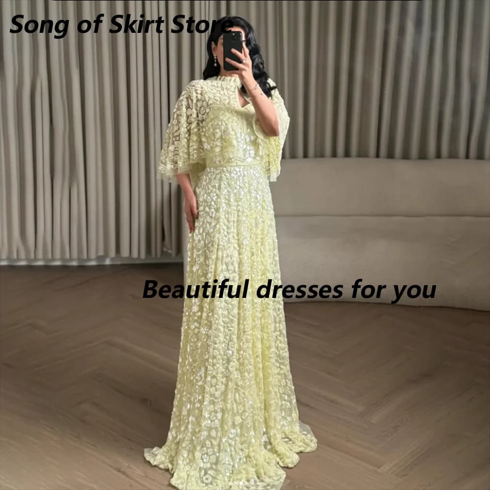 Luxury Evening Dress Yellow Lace Appliques Elegant Evening Gown A Line Floor Length Women's Formal Party Dresses Customized