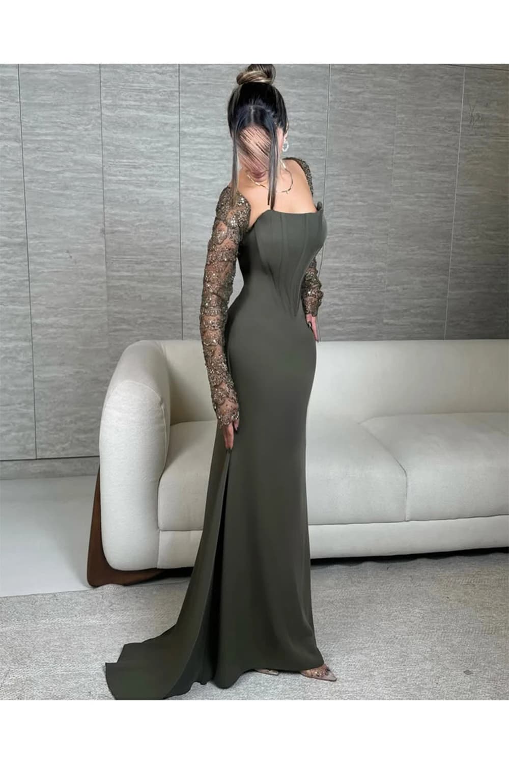 Evening Dresses Square Collar Beads Sequin Luxury Prom Formal Dresses Satin Trumpet Floor Length Long-sleeves Customized
