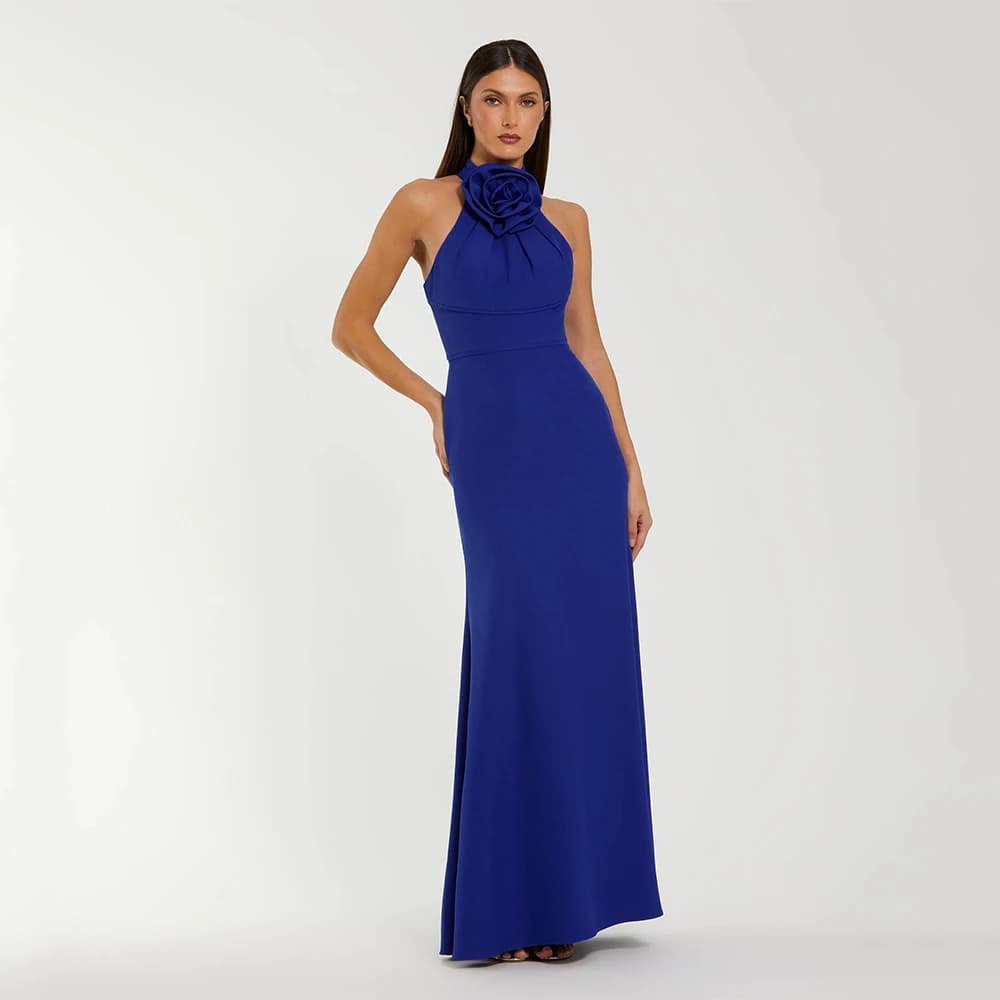 2025 Evening Dress Mermaid Flower Halter Pleated Floor Length Simple Evening Gowns for Women Sleeveless Trumpet Bridesmaid Dress