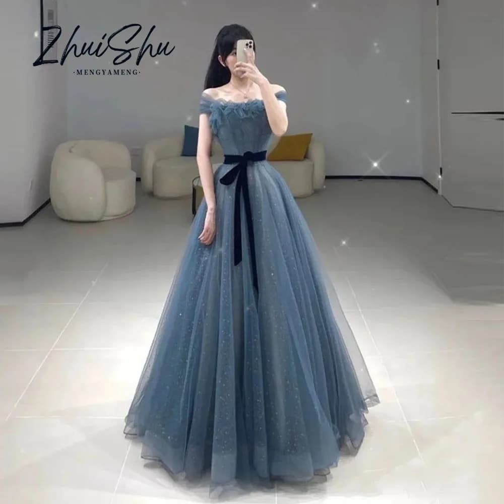Fairy Sparkly Tulle Evening Dress Korean Wedding Photo Shoot Blue Strapless A line Long Corset Party Dress Customized