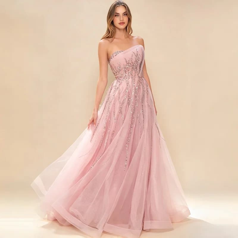 Strapless Sequin Beaded Prom Dress Draped Tulle Skirt Floor Length A Line Formal Evening Gown Wedding Guest Bridesmaid Party
