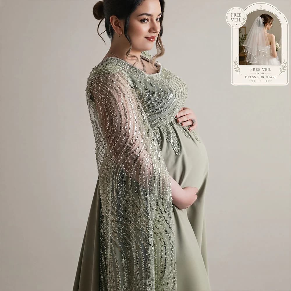 Sage Green Maternity Evening Dress With Sparkly Beaded Sequin Elegant Satin Formal Party Gown For Pregnant Women Customized