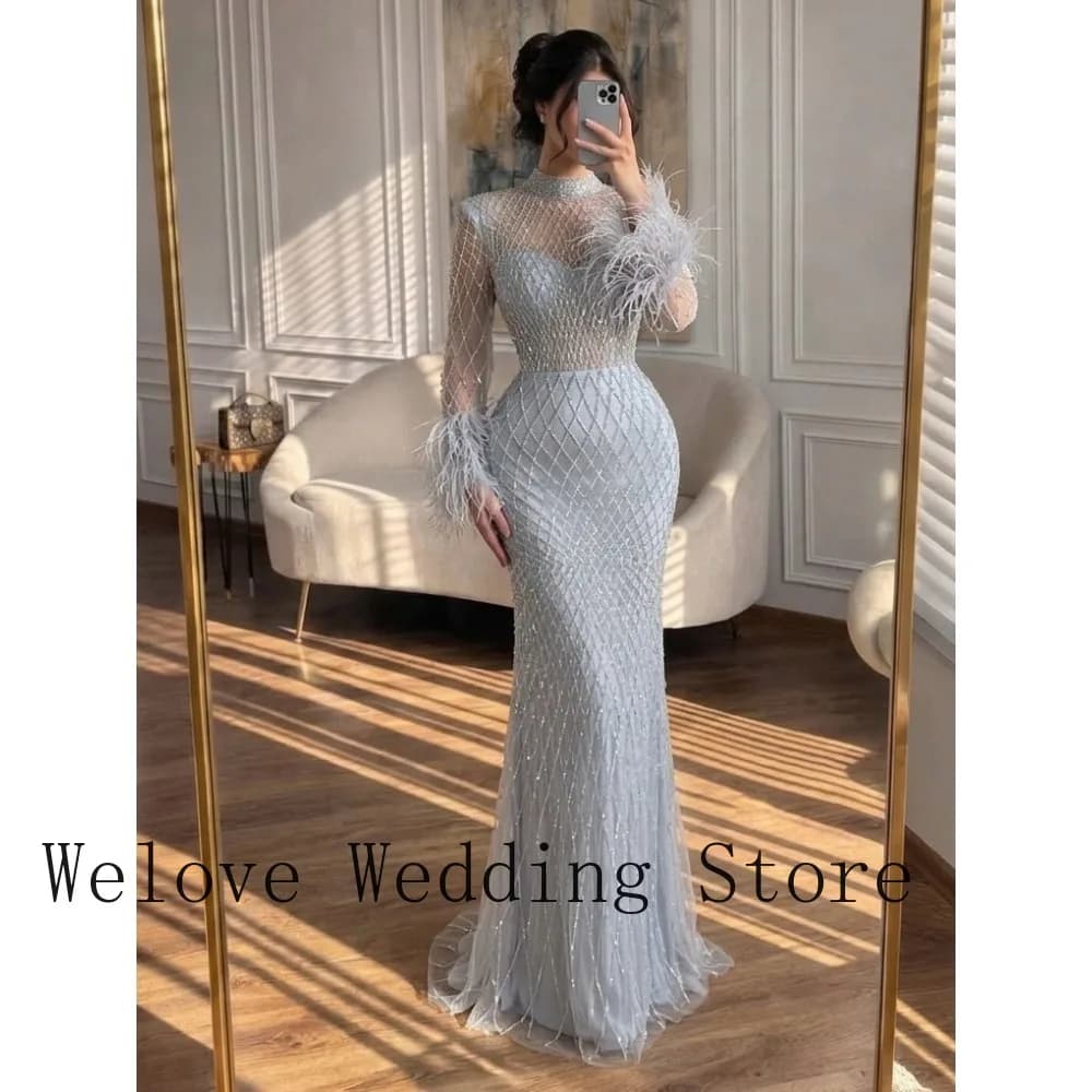 Customized Light Grey High Neck Sheer Mesh Beaded Feather Cuff Mermaid Formal Evening Gala Wedding Guest Maxi Dress Plus Size