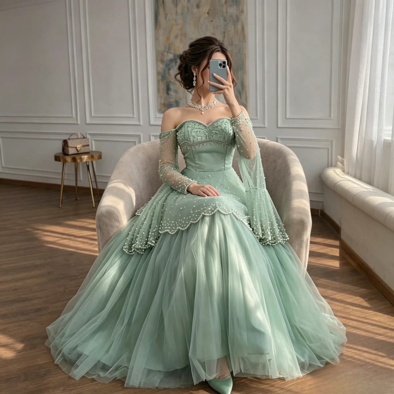 Whimsical Princess Ball Gown featuring off-the-shoulder sweetheart neckline intricately beaded bodice scalloped peplum overlay
