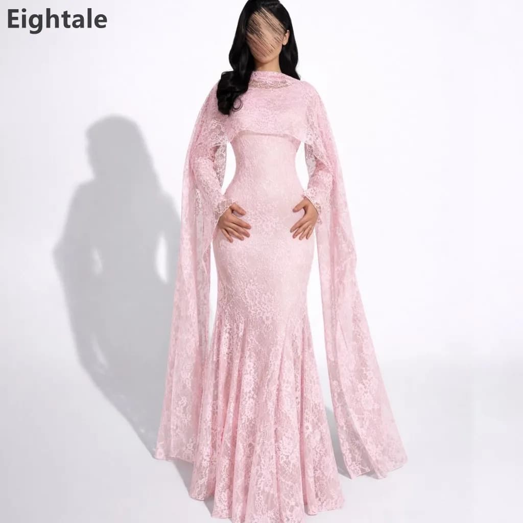 Eightale 2025 Pink Lace Mermaid Maxi Evening Dress With Cape Long Sleeve Wedding Party Formal Prom Dubai Party Gown Customized