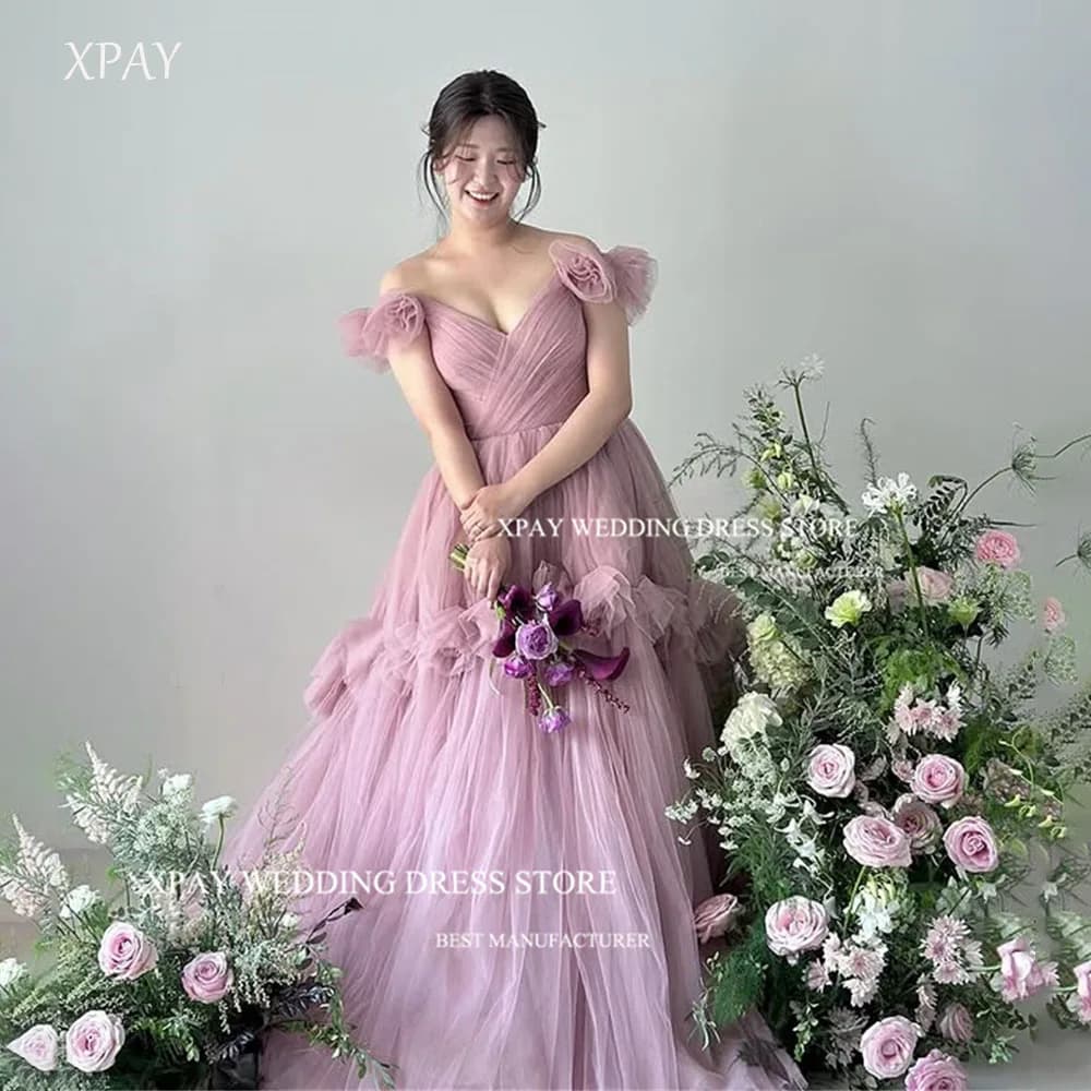 XPAY Princess Sweetheart Collar Flowers Korea Evening Dresses Birthday Portraits Purple Tulle Wedding Photos Shoot Customized