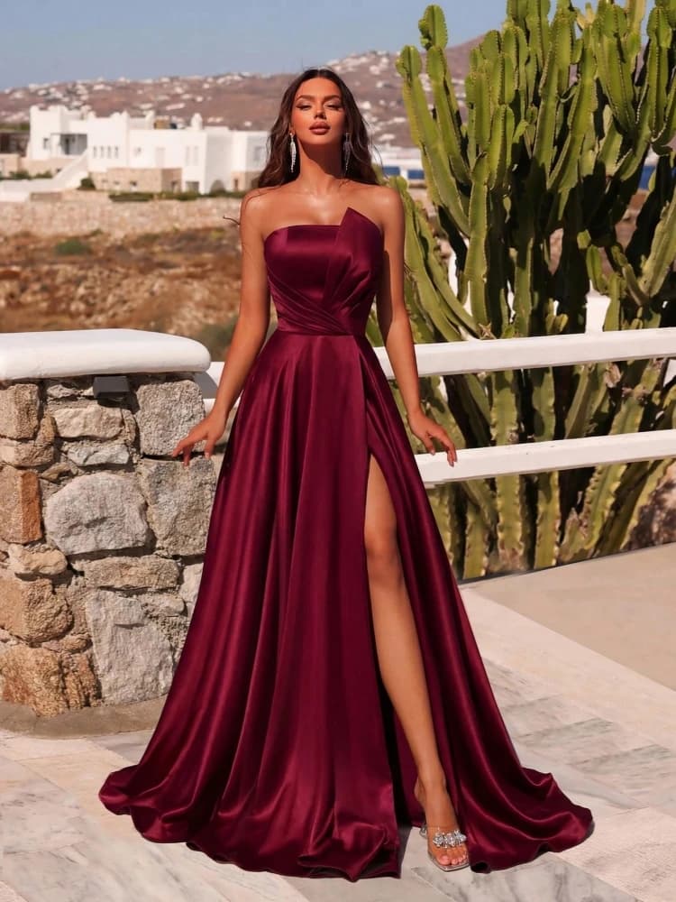 Strapless Satin Prom Dress Crisscross Ruched High Slit A Line Evening Gown Lace Up Back Formal Dress For  Gala Party 2026