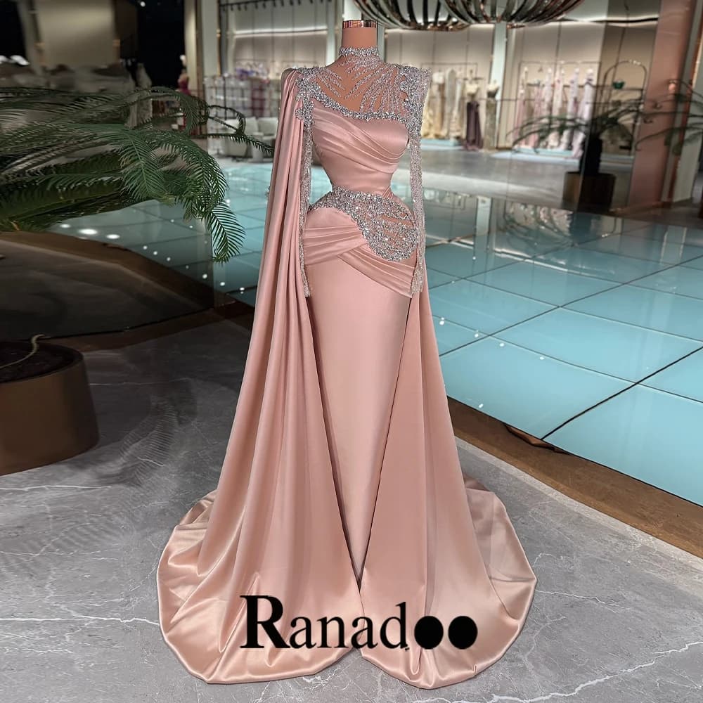 Ranadoo Attractive High Neck Full Evening Dress Beadings Rhinestones Mermaid Cape Pleating Pearls Vestidos De Noche Customized