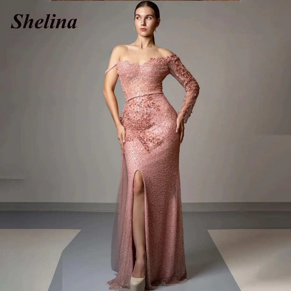 Shelina Fashion One-shoulder Evening Dress Lace Appliques Sequins and Beads Slit Mermaid Pageant Vestidos De Gala Customized