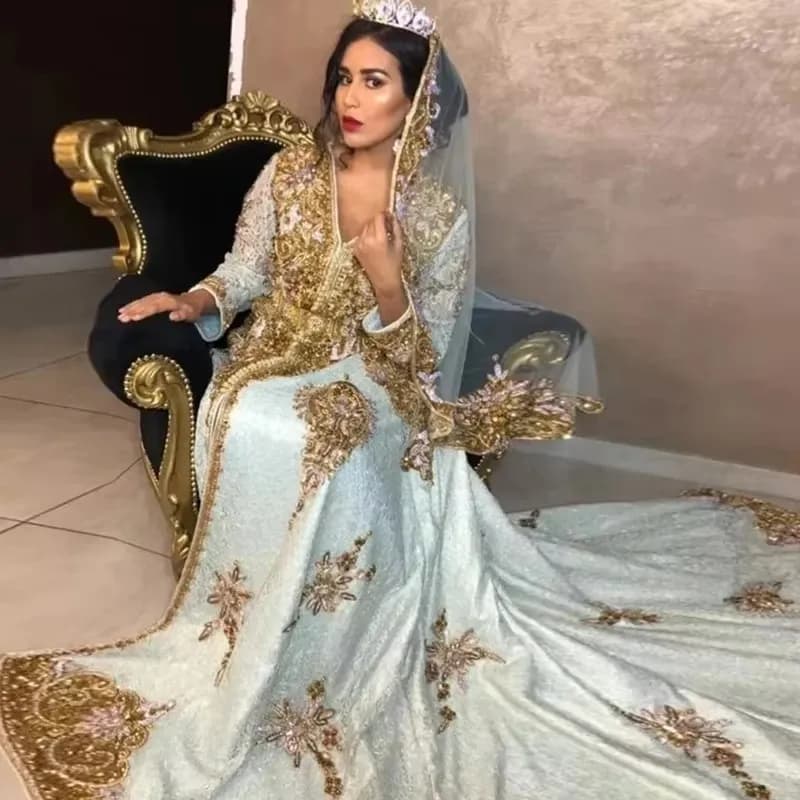 Luxury Beaded Moroccan kanftan Evening Dresses Plus Size Gold Lace Appliques Long Sleeves Formal Prom Party Gowns Robe De Soiree