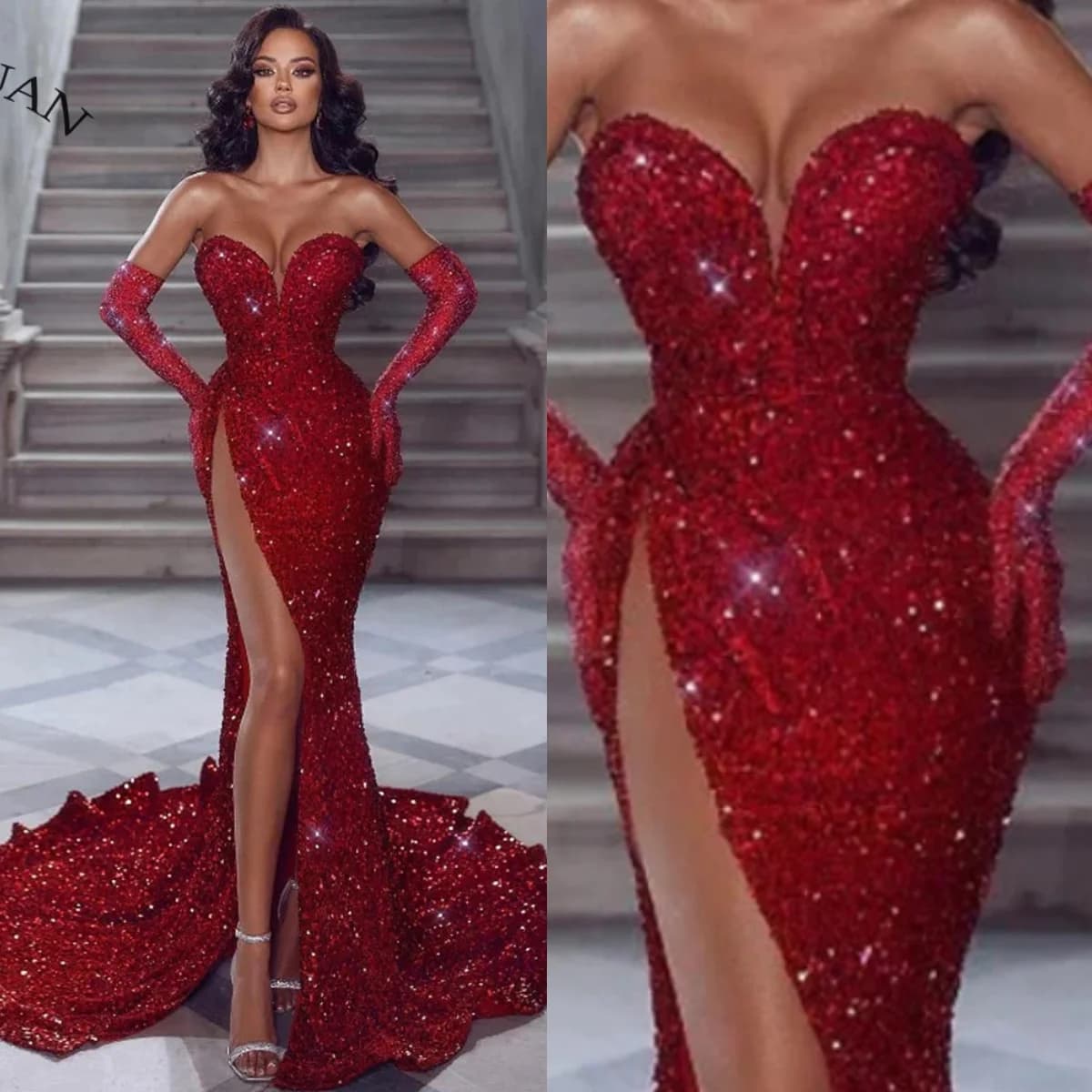CENXUAN Red Exquisite Prom Dresses for Women Strapless Sequins High Split Backless Bespoke Occasion Vestido De Noche Customized