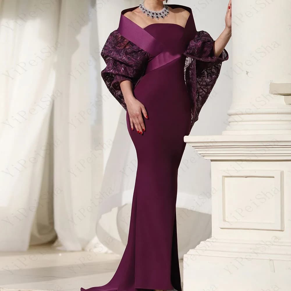 Customized Mermaid Prom Dresses Floor-Length Off The Shoulder Half Sleeve Evening Gown Fashion Sequined Simple Draped Party Gown