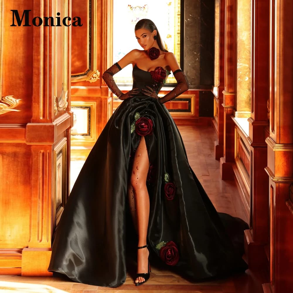 MONICA Charming 3D Flowers Prom Dresses for Women Slit A-Line Strapless Birthday Evening Gowns Vestidos De Fiesta Customized