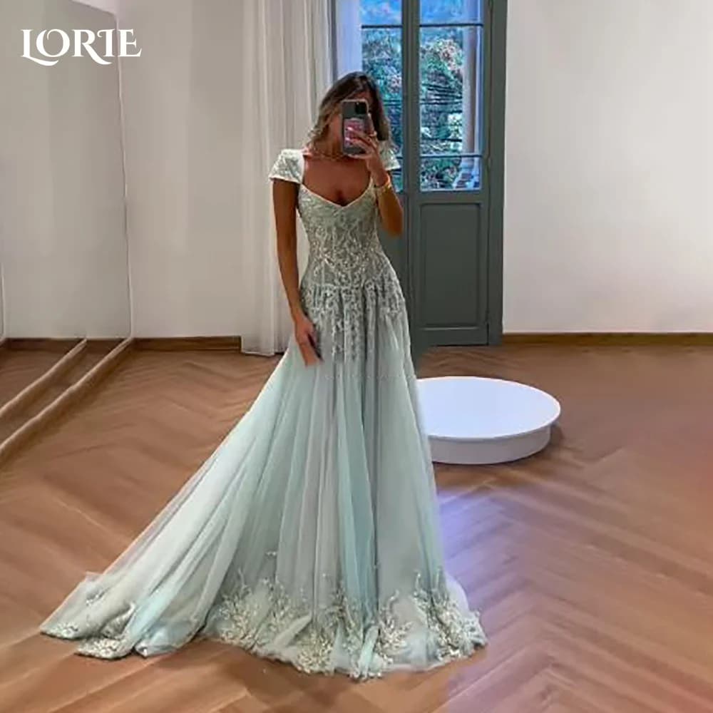 LORIE Lace Saudi Party Dress Short Sleeve Applique A-Line Evening Dress Prom Dress 3D Flower Illusion Party Gown Club Customized