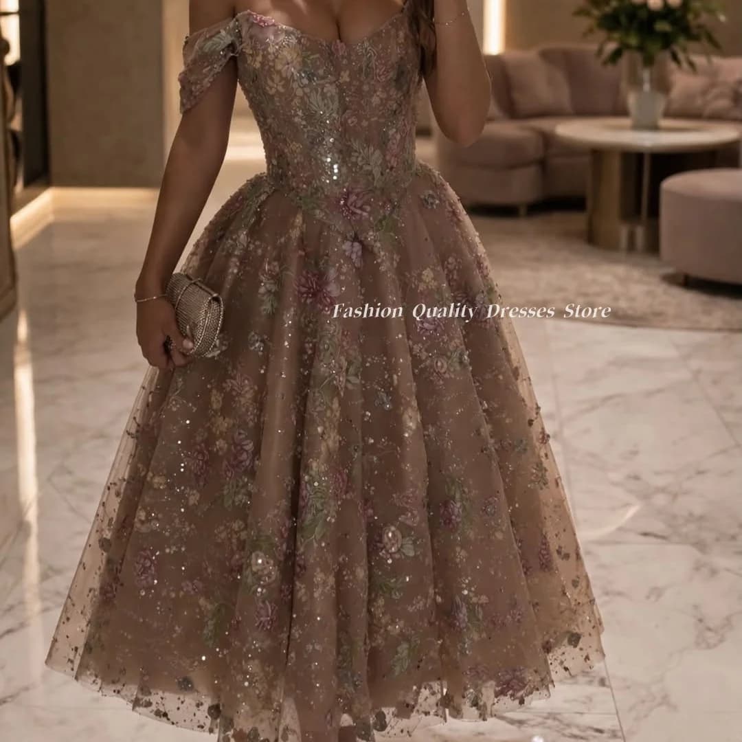 Evening Dresses for Women 2026 Luxury Floral Embroidery Off Shoulder Sequins Tea Length Formal Prom Gown vestido Customized