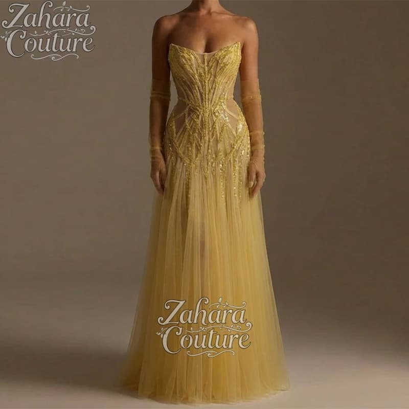 Zahara Customized Luxury Saudi Evening Dresses A-Line Sleeveless Sweetheart Beading Sequins Floor-Length Sexy Party Gown