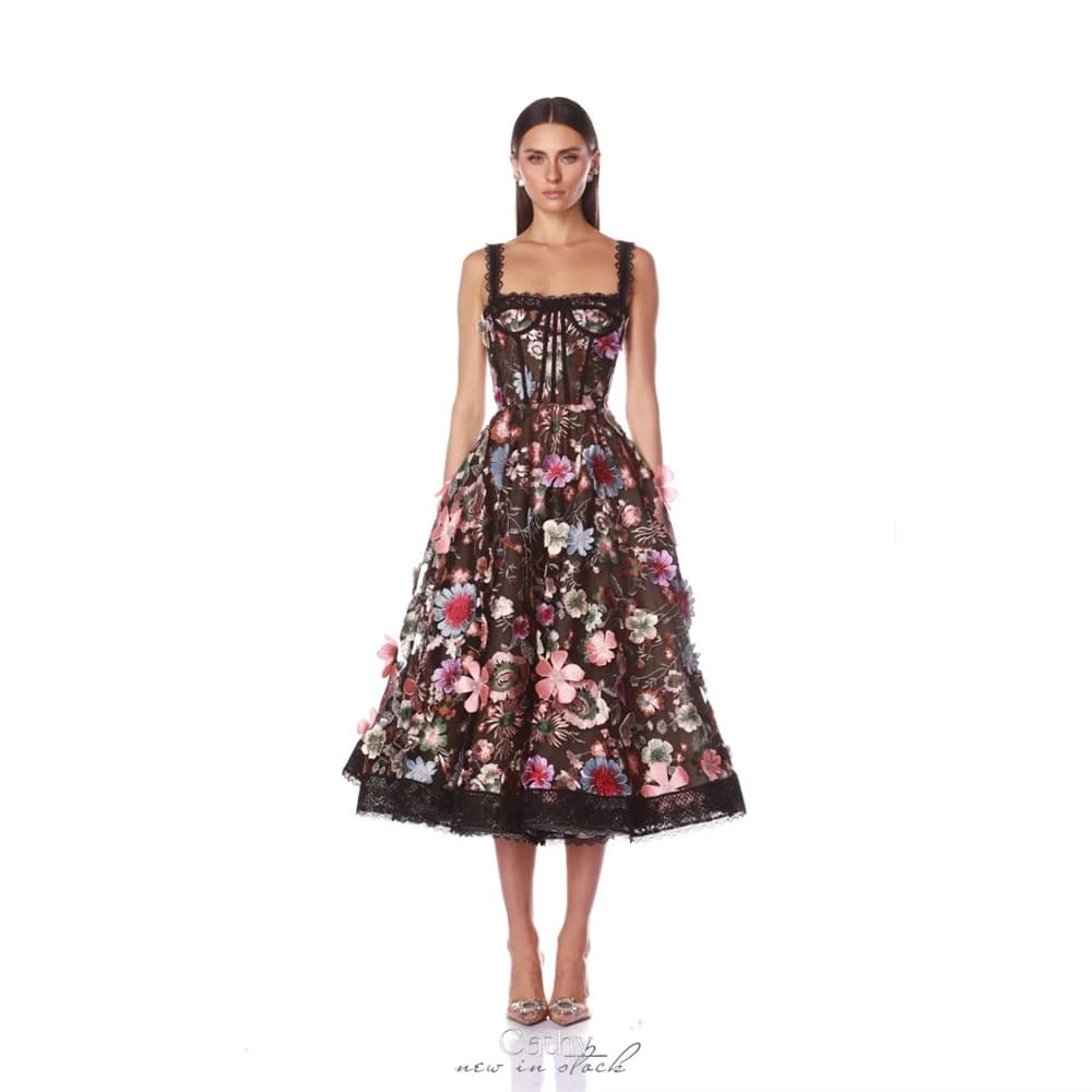 Cathy Customize Embroidered Black Tea-length Prom Dress Lace Hem A-line vestidos de noiva Square Neck Zip Back Evening Dresses