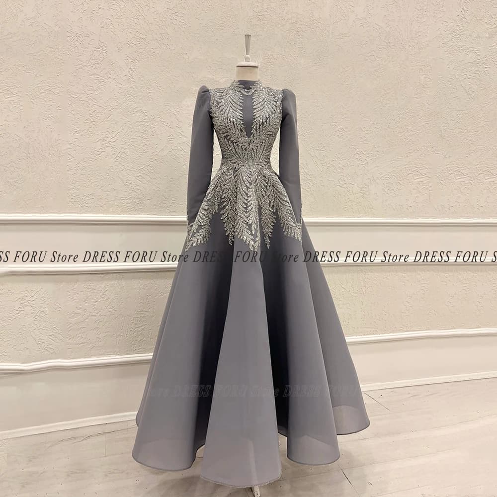Elegant Muslim Evening Dress For Woman Luxury Long Sleeve Shine Bead Applique Formal Prom Wedding Party Custon Gown A Line