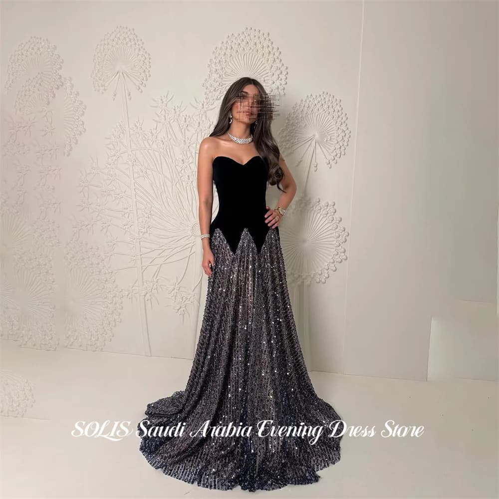 SOLIS Black Sequin Evening Dresses Sweetheart Formal Gown A Line Night Dresses Floor Length Prom Dresses with Train Customized