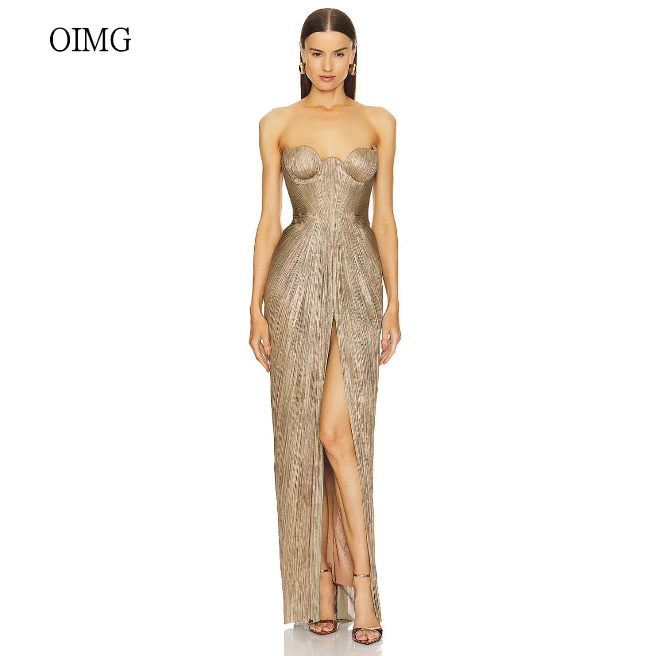 OIMG Shiny Sweetheart Neck Mermaid Prom Gowns Backless Pleated Formal Party Gown Slit Floor Length Evening Dress Customized