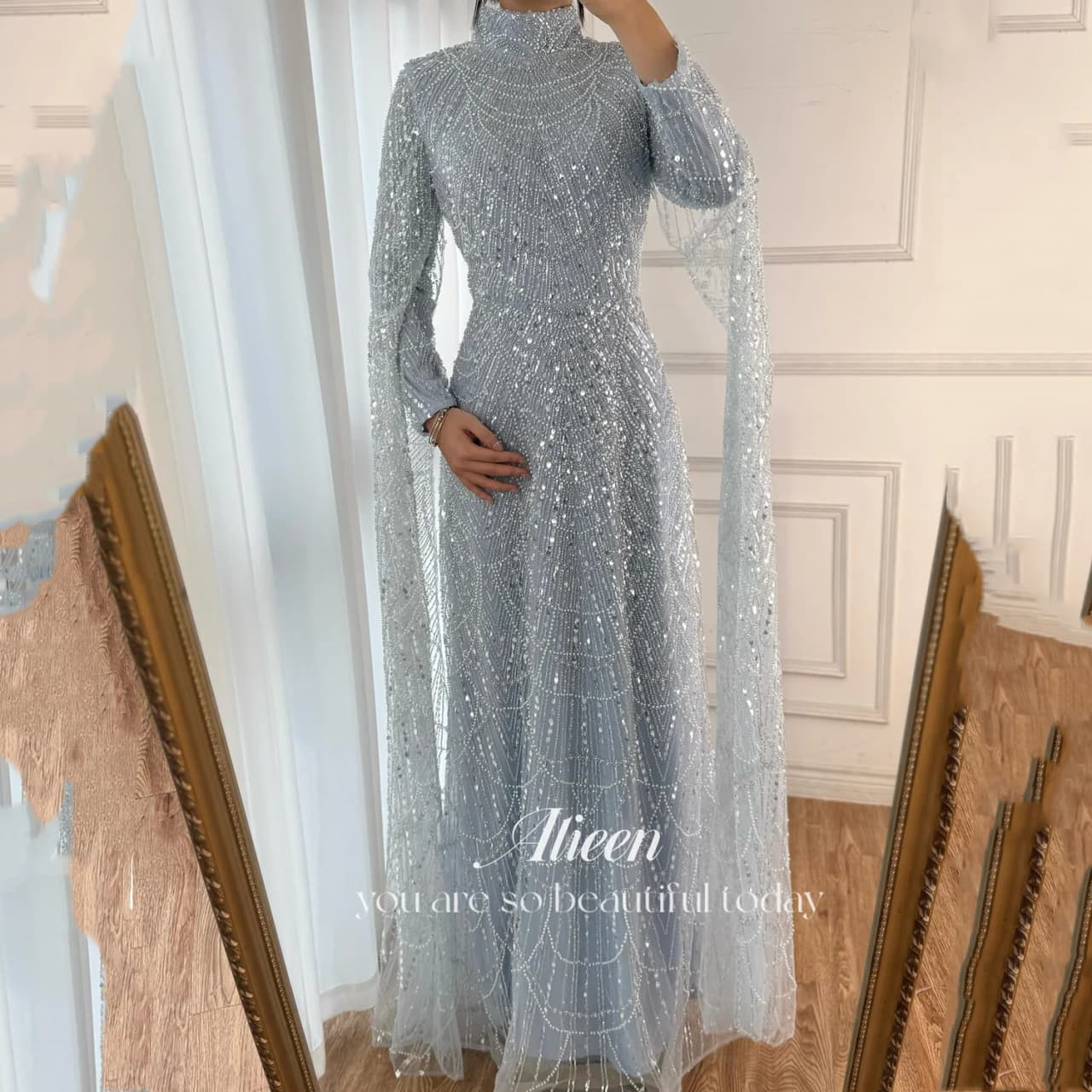 Aileen Sequin High Sky Blue Straight Elegant Evening Gown 2026 Luxury Formal Bell Sleeves Sequined Customized Robes de Soirée