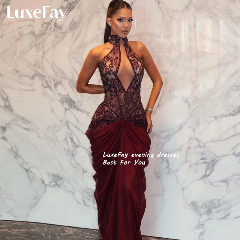 LuxeFay Customized Modest Draped Evening Dress Halter Lace Beaded Special Occasion Dresses Burgundy Chiffon Birthday Party Gown