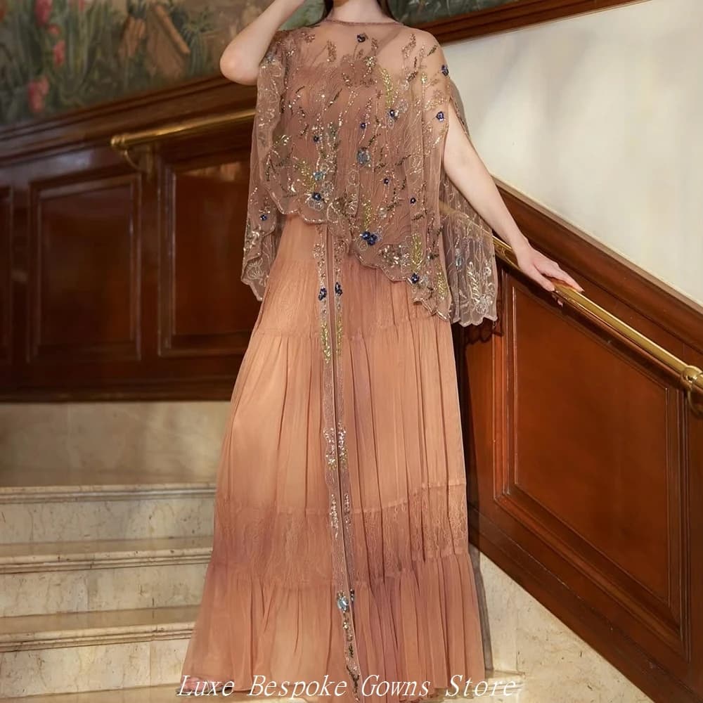 Women's A-line Evening Dresses Floor-length O-neck Sleeveless Prom Dresses Fashion Sequined Stole Simple Draped Customized Gowns