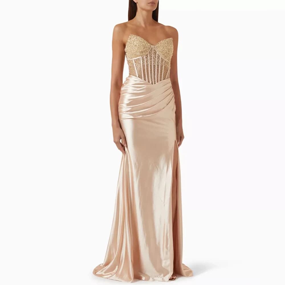 Exquisite Satin Evening Dress Classic Strapless Mermaid Party Dresses Delicate Crystal Customized Special Occasion Gowns