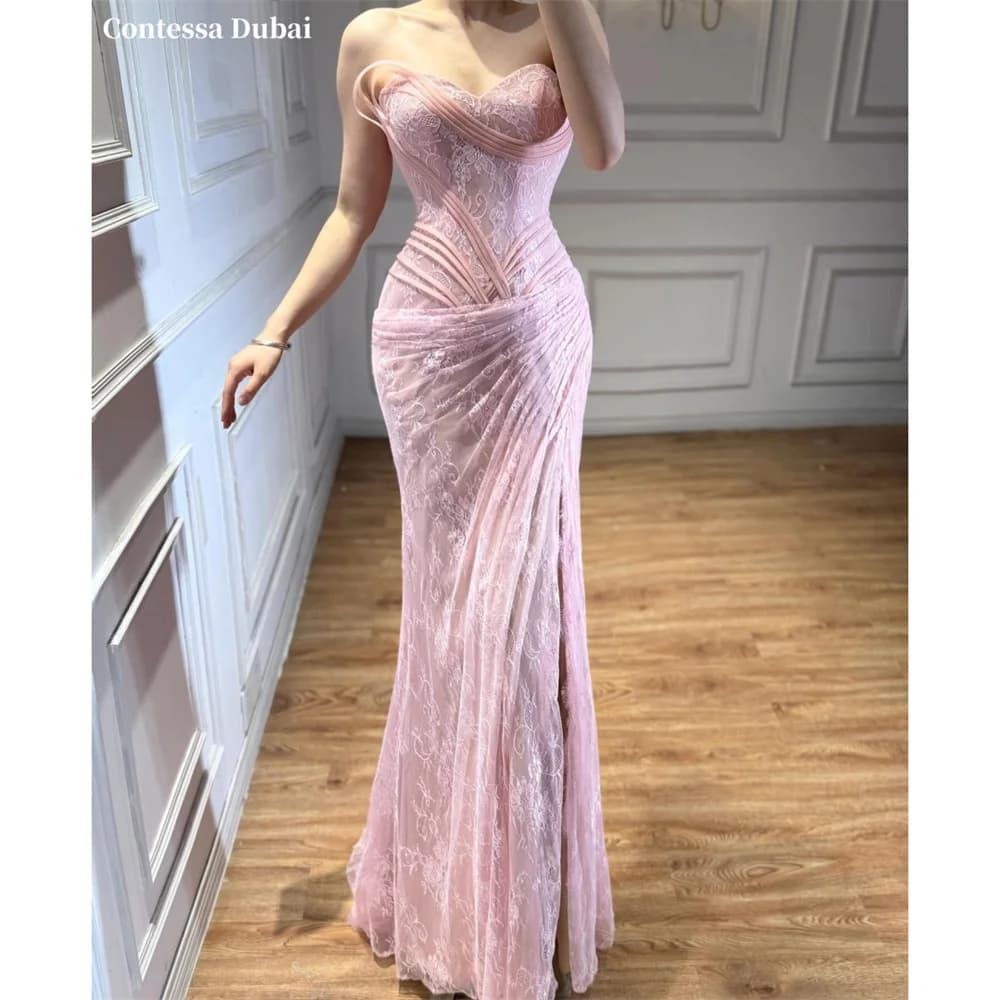 Contessa Custom Pink Lace Evening Dress Prom Strapless Sweetheart Neck Dresses Corset Vestidos De Noche High Slit Formal Evening