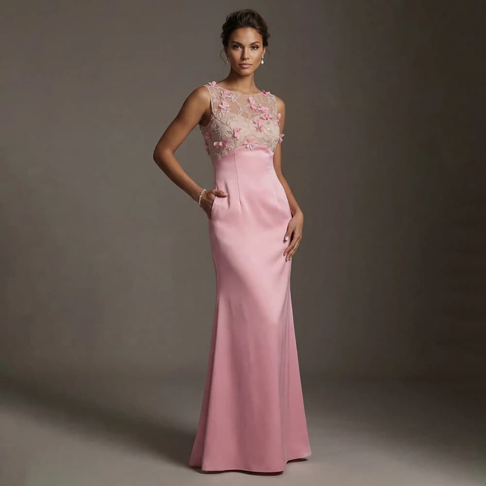Pretty Women Pink Evening Dresses Luxury O-Neck Sleeveless Floor Length Appliques Long Dress Special Occasion Prom Gowns Vestido