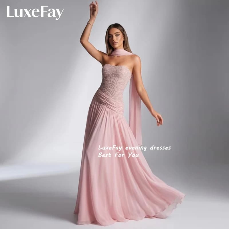 LuxeFay Customized Women Chiffon Beading Ruched A-Line Evening Dresses Elegant Strapless Sleeveless Floor Lenght Prom Dresses