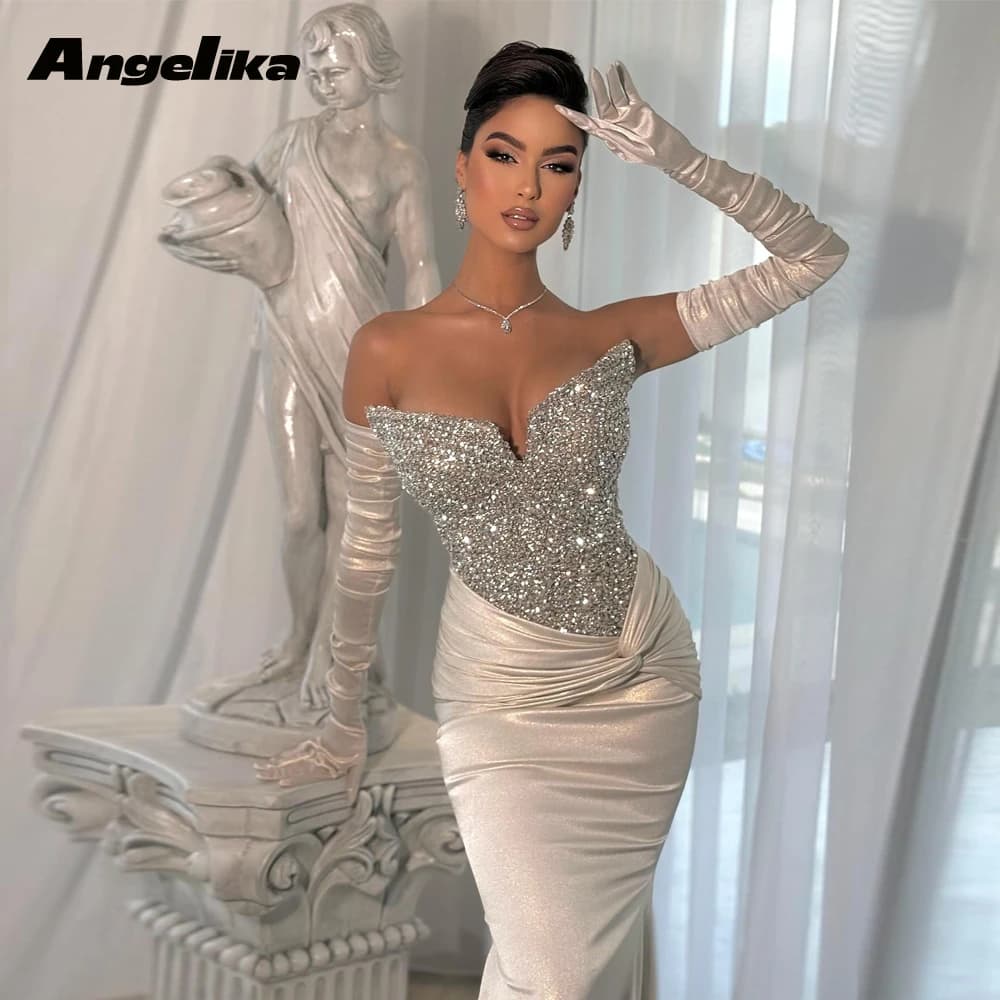 Angelika Glitter Mermaid Evening Dress for Women Rhinestones Ruched Backless V-Neck Formal Party Gown Vestido de Gala Customized