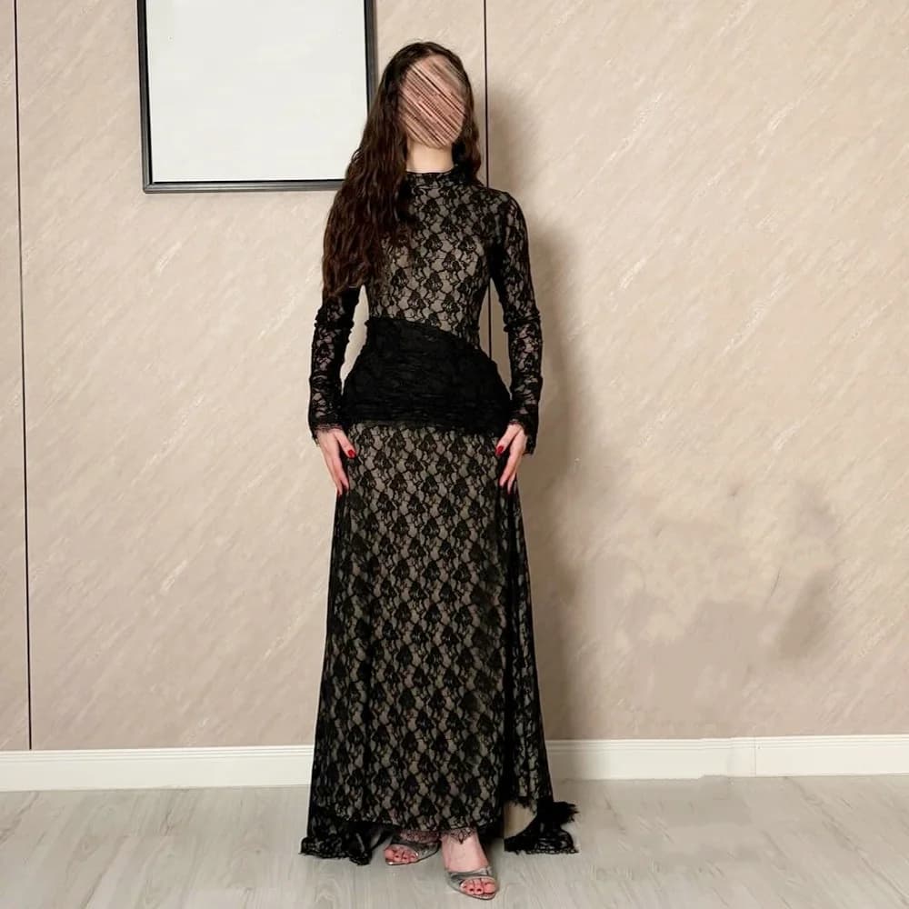Customized Lace Temperament Wedding Party Dress High Collar A-line Long Dresses Formal Evening Gowns for Banquet